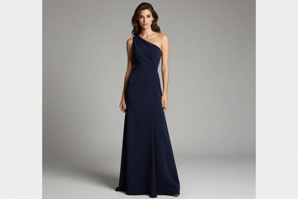 one shoulder formal dress in navy