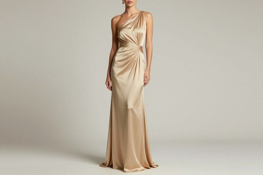 one shoulder maxi dress in champagne gold