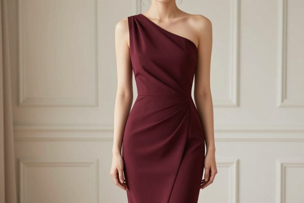 one shoulder midi dress in burgundy