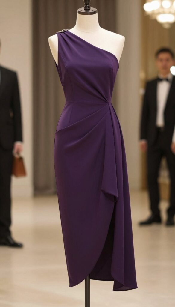 one shoulder midi dress in deep purple