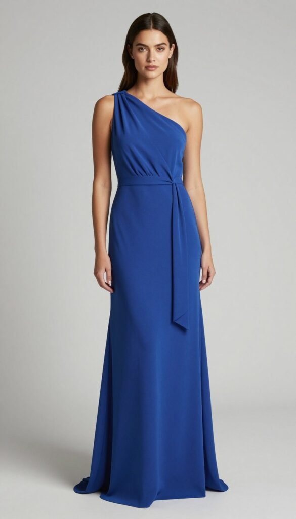 one shoulder midi dress in royal blue