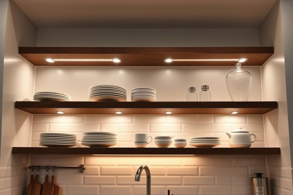 open shelving with integrated LED lighting