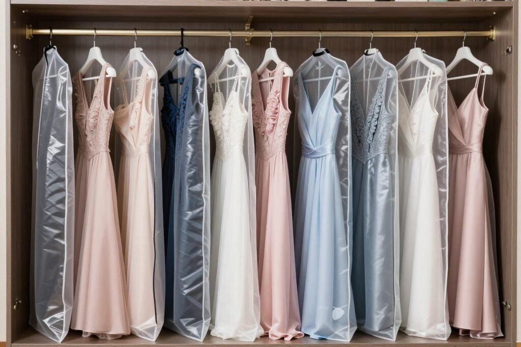 organized closet with formal dresses properly stored
