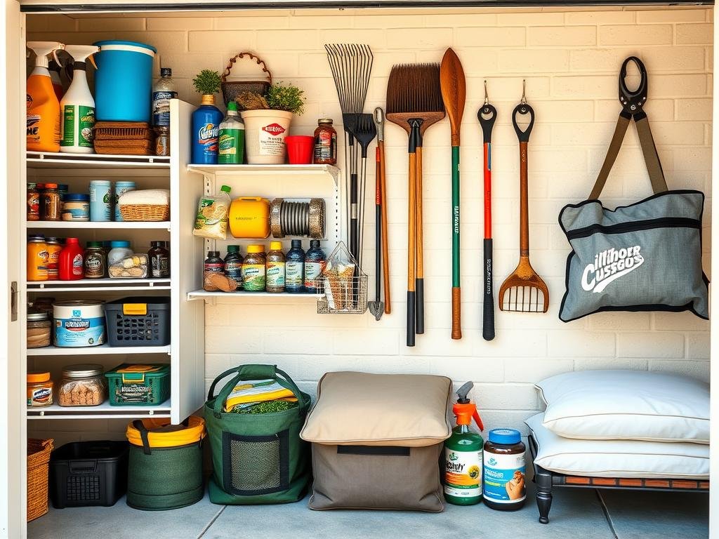 organized outdoor storage closet with patio supplies and tools