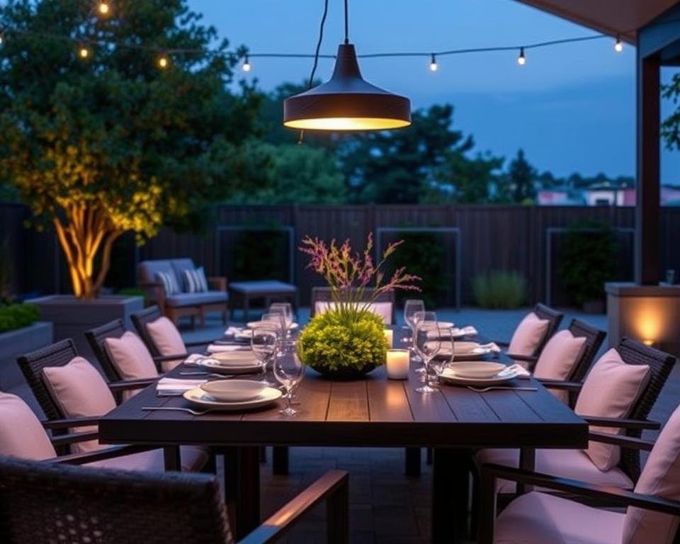 outdoor dining table with overhead pendant light
