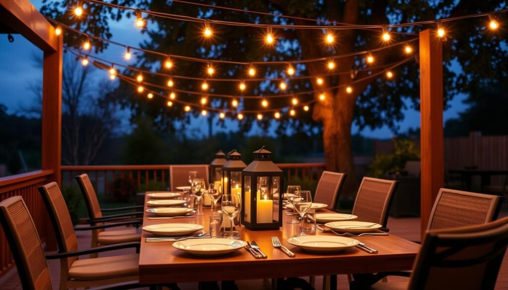 outdoor dining table with overhead string lights and table lanterns outdoor dining table with overhead string lights and table lanterns
