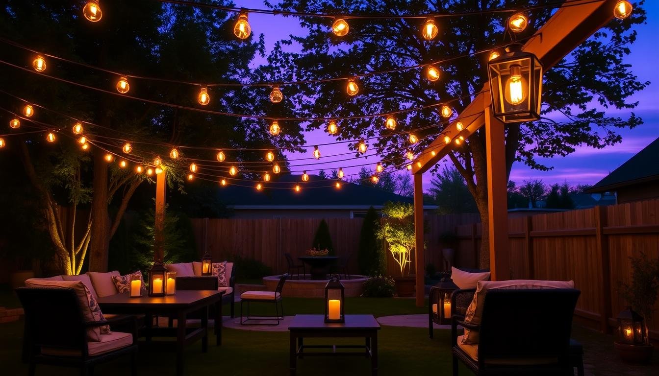 outdoor lighting backyard cozy evening ambiance with string lights and lanterns