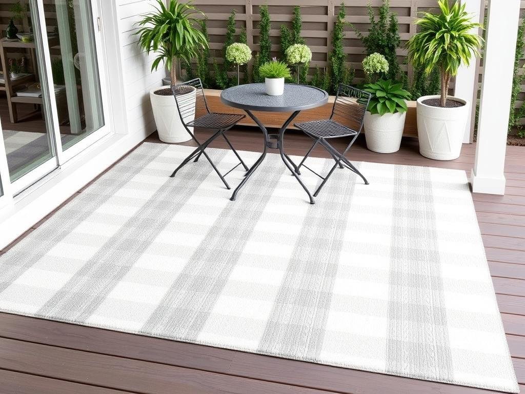 outdoor rug in neutral stripes creating defined dining area on patio