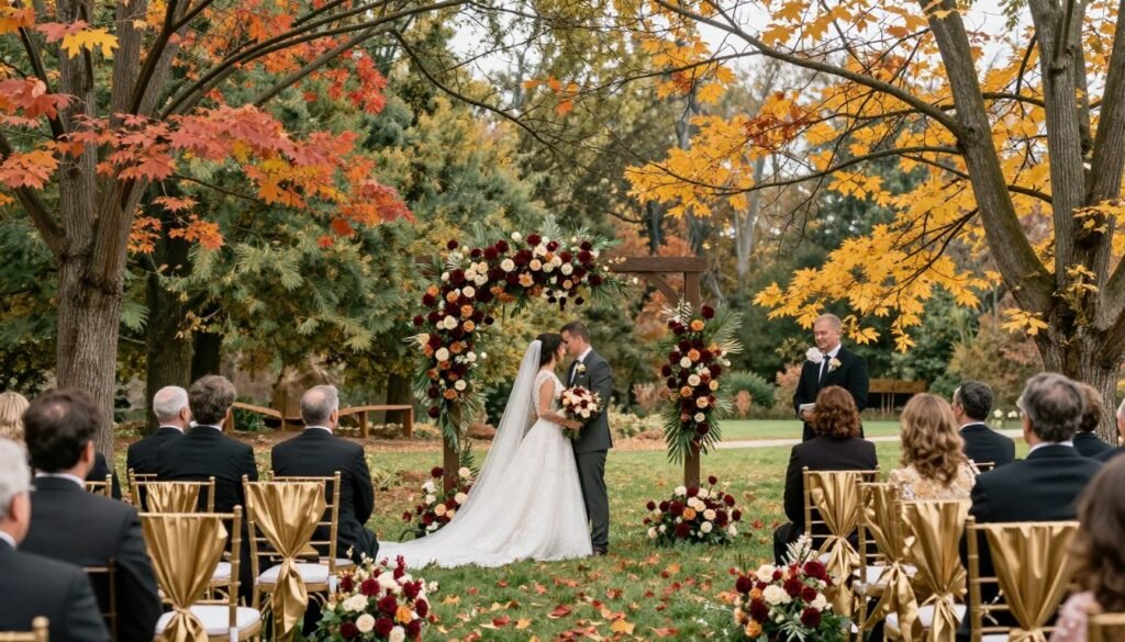 outdoor september wedding ceremony with fall decorations