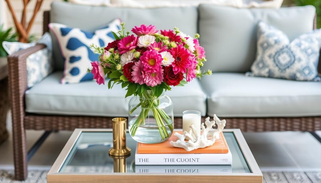 outdoor side table styled with flowers, candles, and decorative objects