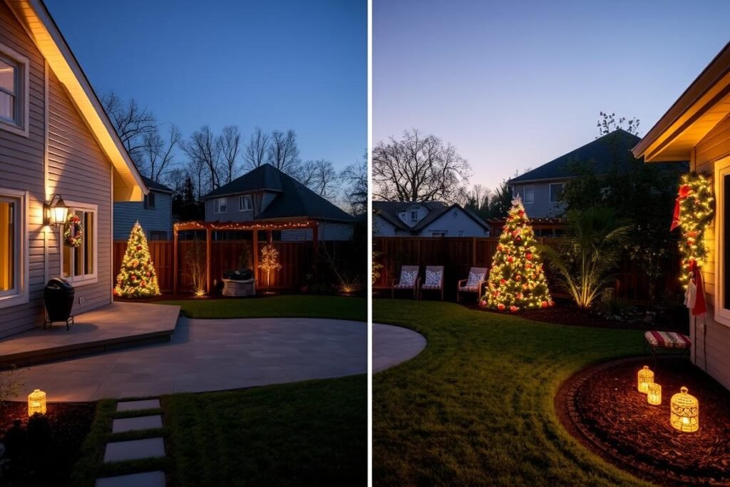 outdoor space with neutral base lighting and added holiday decorations outdoor space with neutral base lighting and added holiday decorations