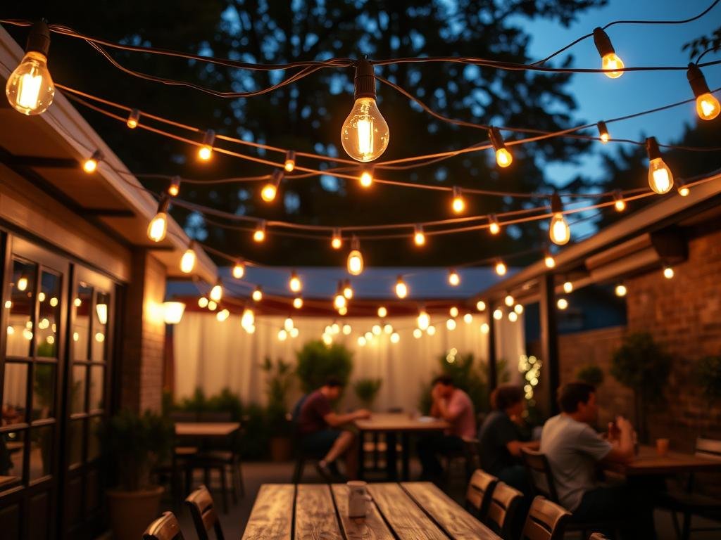 outdoor string lights creating warm glow over patio dining area