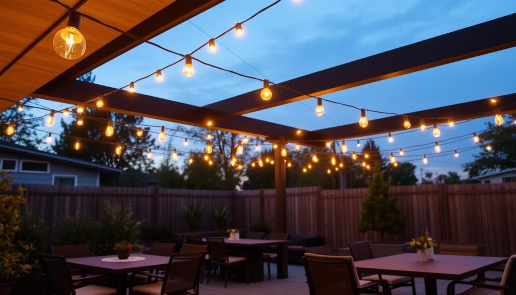 outdoor string lights hanging over patio creating warm ambient lighting