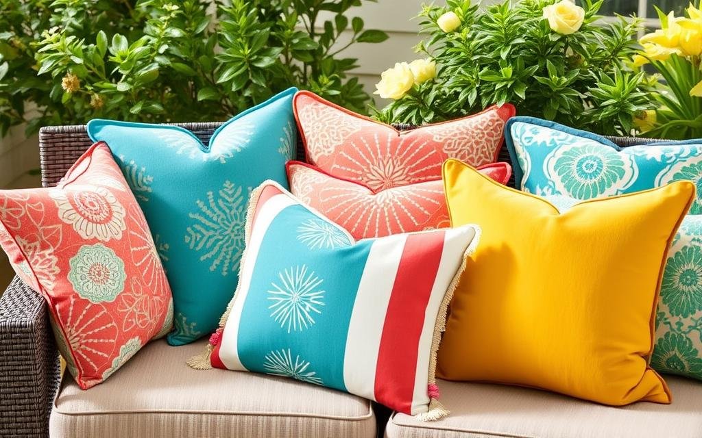 outdoor throw pillows and cushions adding color to patio furniture