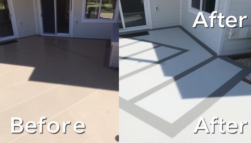 painted outdoor concrete floor with geometric pattern in gray and white colors
