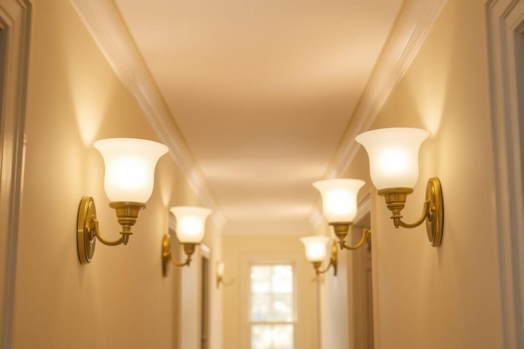 pair of elegant wall sconces mounted on hallway walls creating ambient lighting