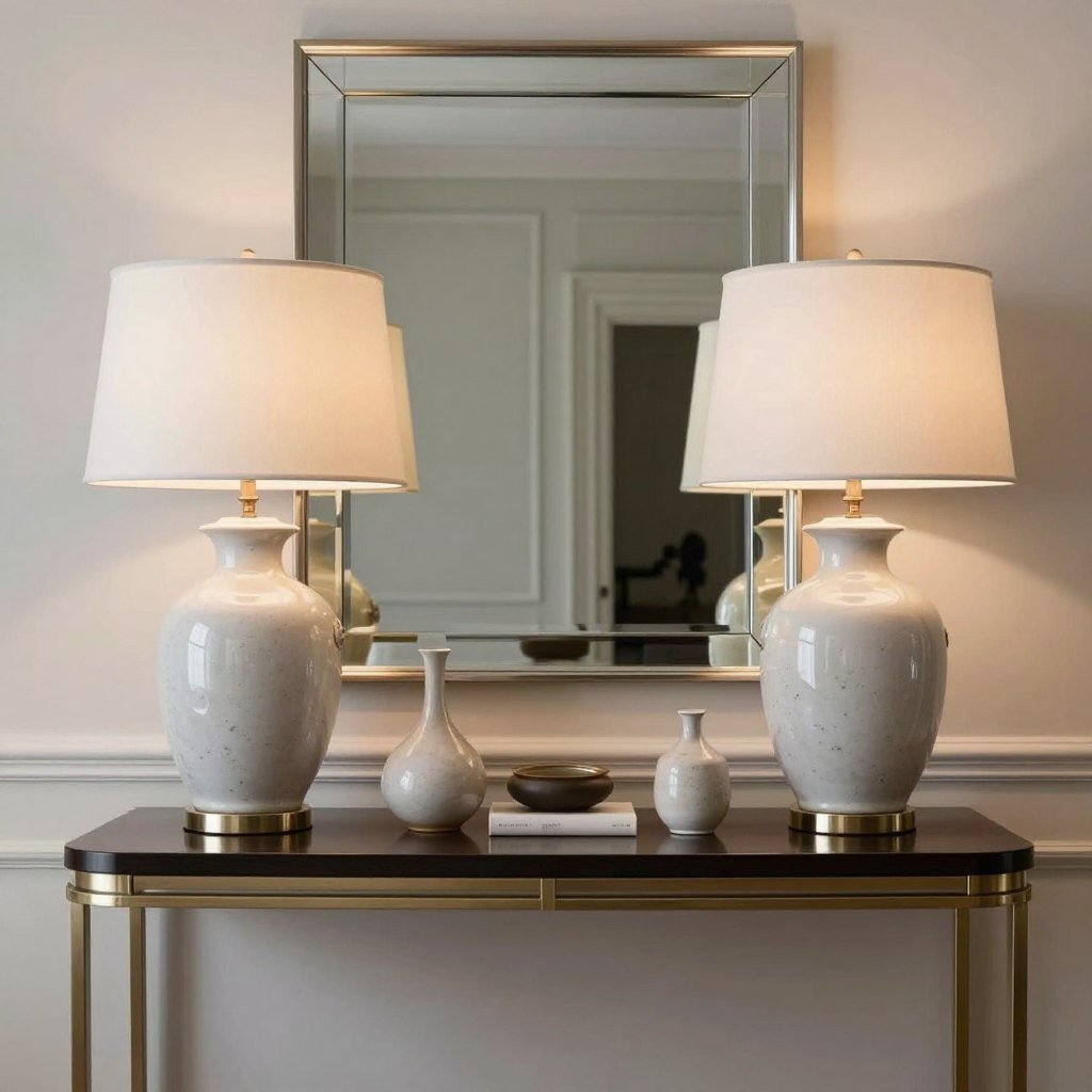 pair of matching table lamps on console table in living room pair of matching table lamps on console table in living room