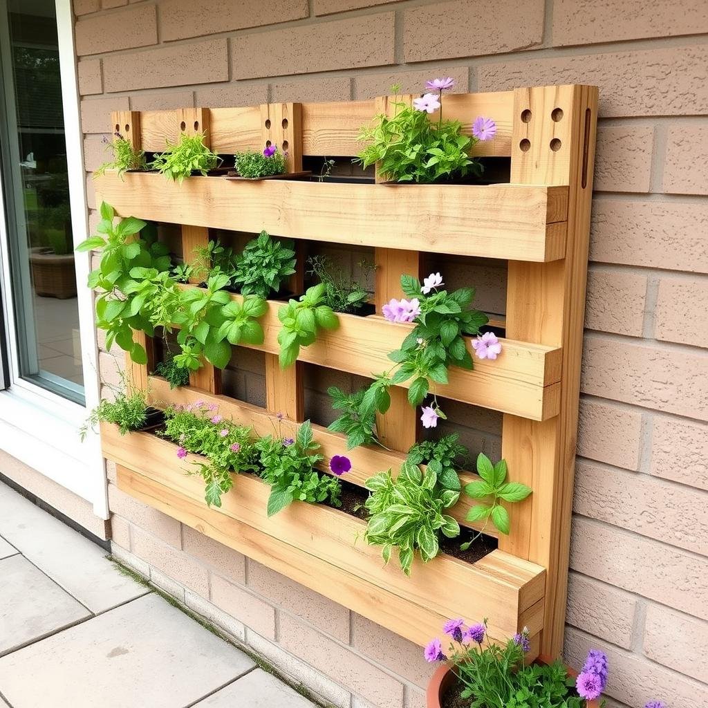 pallet vertical garden with herbs and flowers mounted on wall