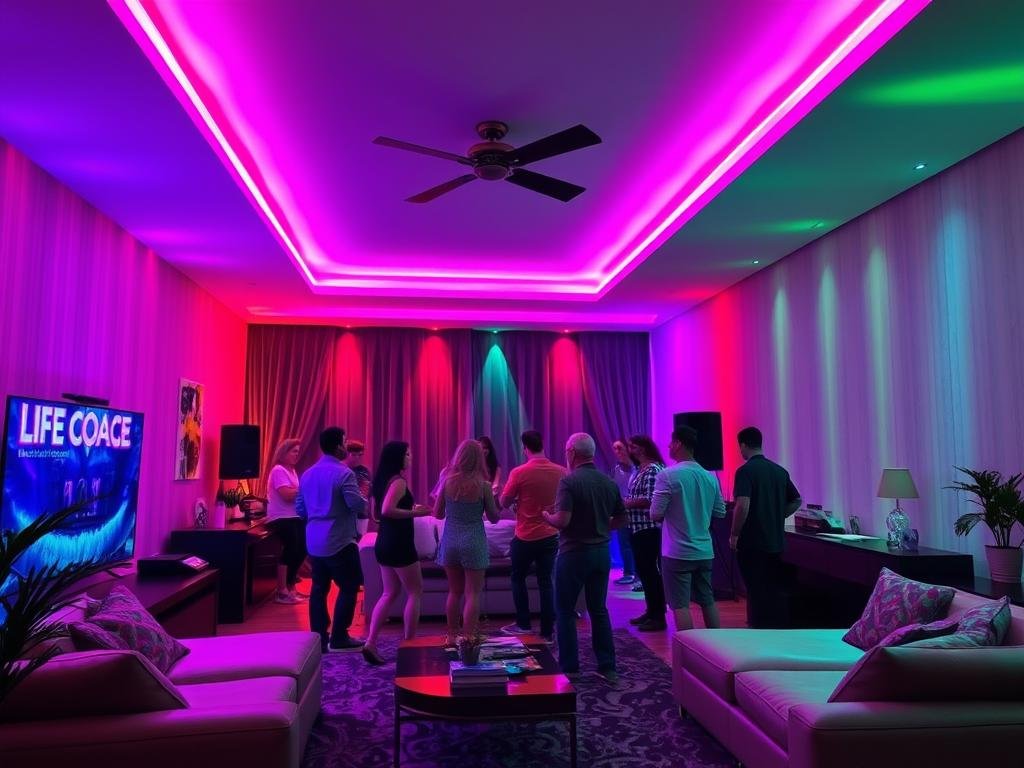 party room with music sync led lights creating dynamic dance floor atmosphere party room with music sync led lights creating dynamic dance floor atmosphere