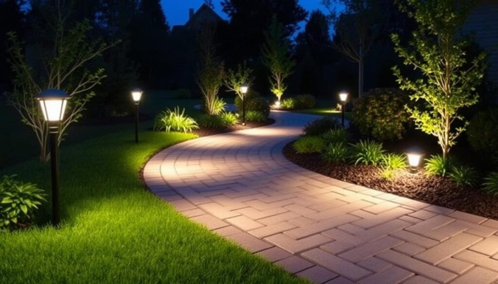 path lights lining garden walkway at night