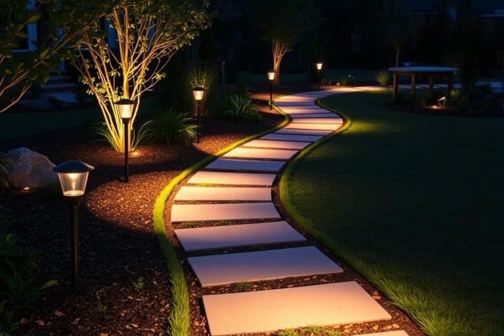 path lights lining garden walkway creating safe passage path lights lining garden walkway creating safe passage