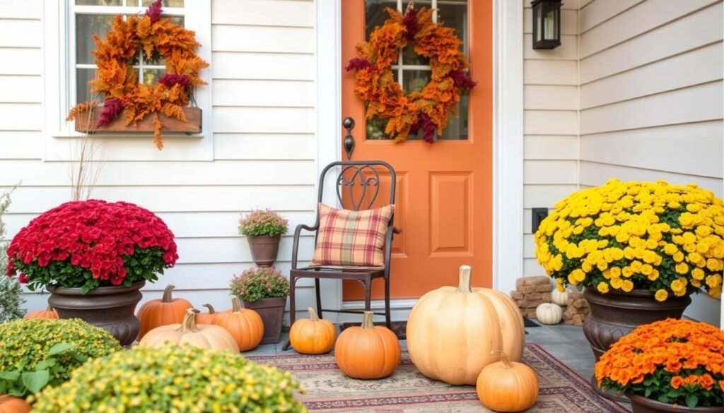 patio decorated for autumn with pumpkins and fall colors