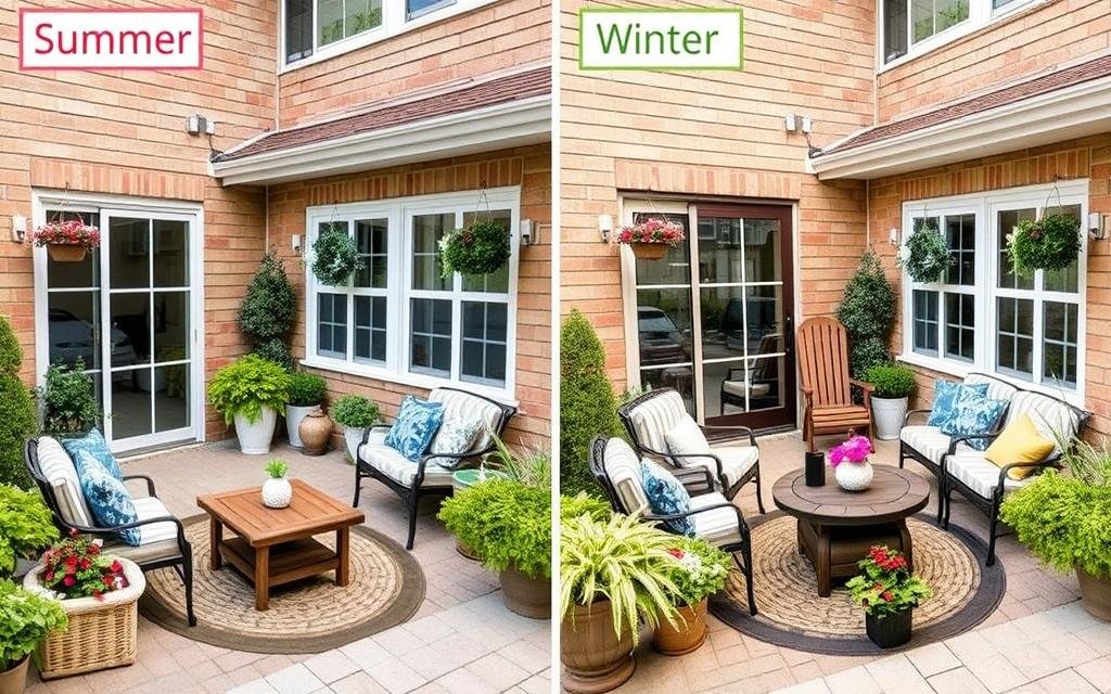 patio decorated for different seasons showing seasonal transformation