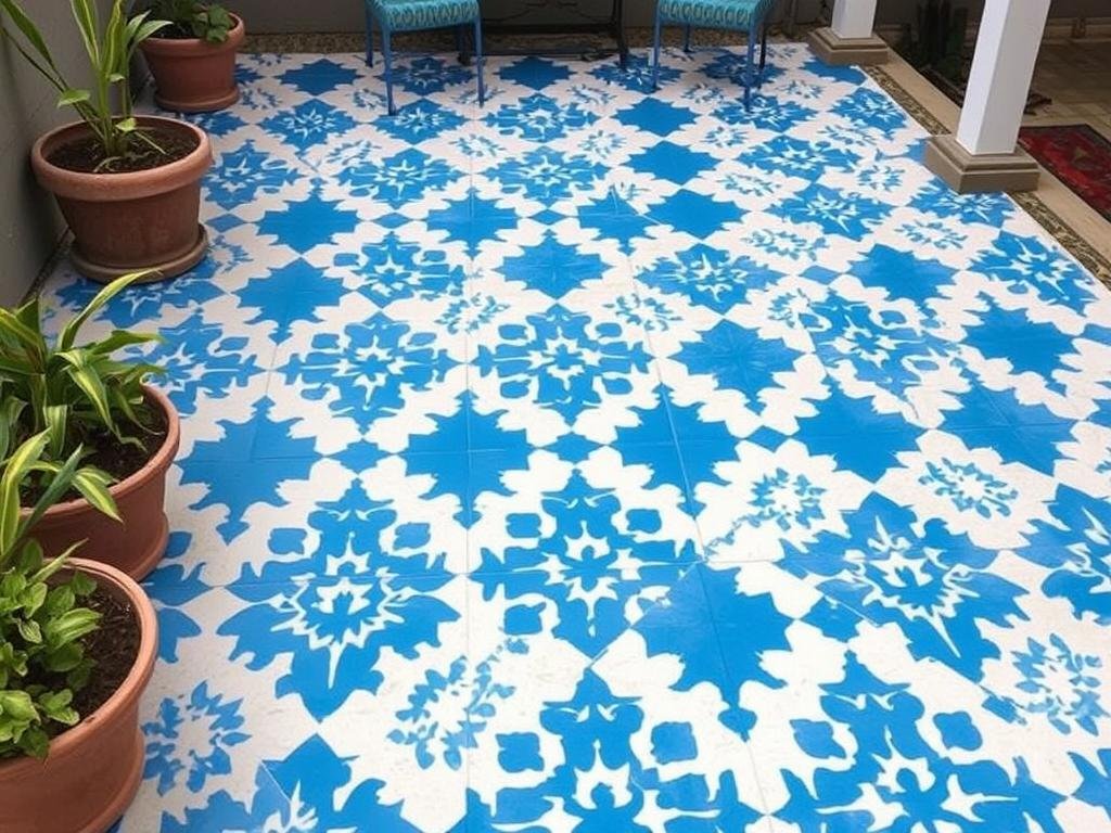 patio floor painted with stenciled pattern creating decorative surface