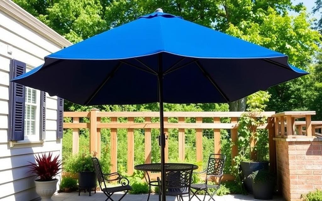 patio umbrella providing shade over small outdoor dining table