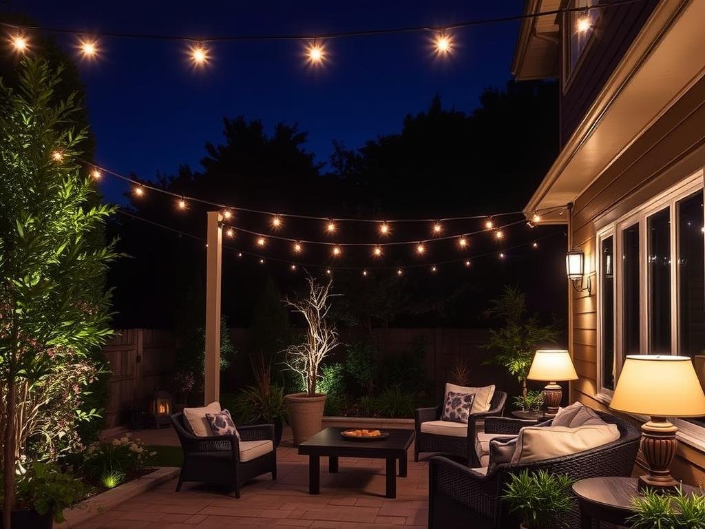 patio with combination of overhead and accent lighting