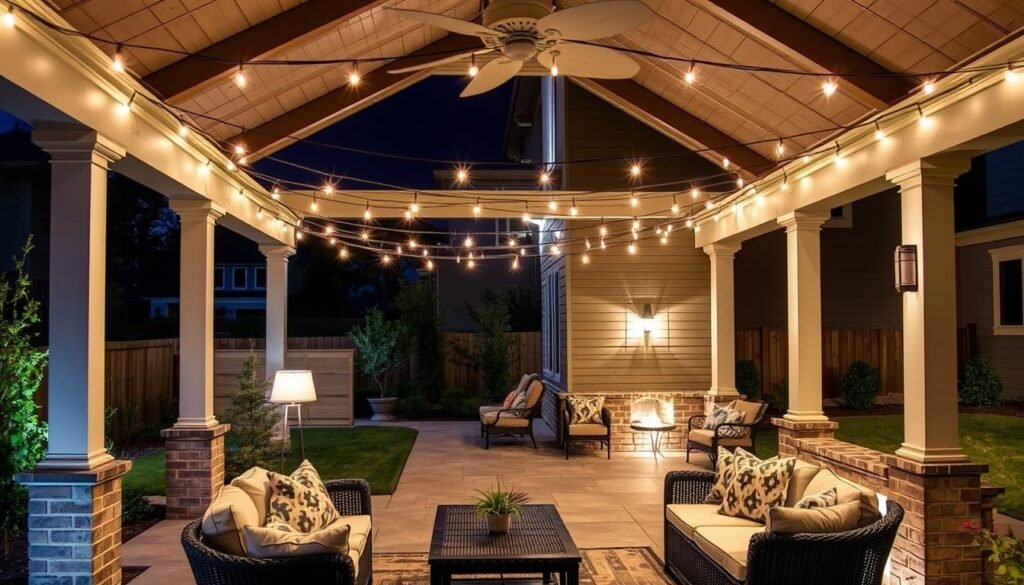 patio with multiple lighting layers creating comfortable outdoor living space