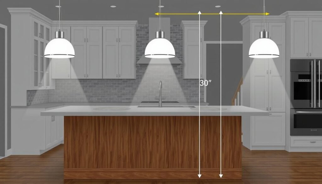 pendant lights properly spaced over kitchen island showing correct height and spacing pendant lights properly spaced over kitchen island showing correct height and spacing