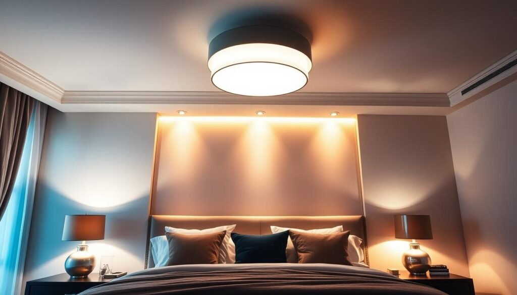 perfectly lit bedroom showcasing layered lighting design