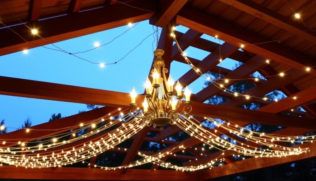 pergola with chandelier and string lights at night