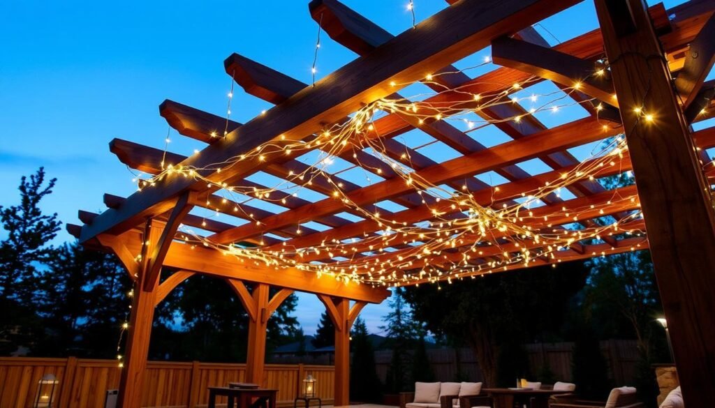 pergola with string lights creating canopy effect pergola with string lights creating canopy effect