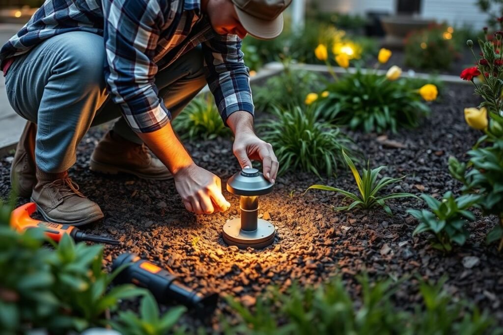 person installing landscape lighting fixtures in garden
