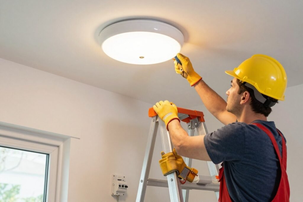 person safely installing light fixture with proper tools person safely installing light fixture with proper tools
