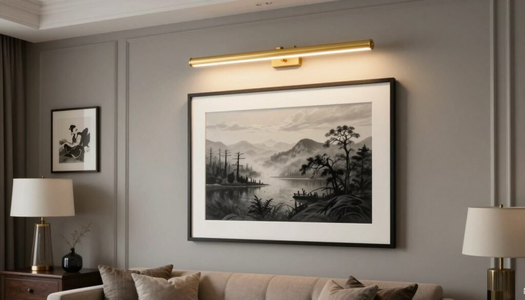 picture light illuminating artwork on living room wall picture light illuminating artwork on living room wall
