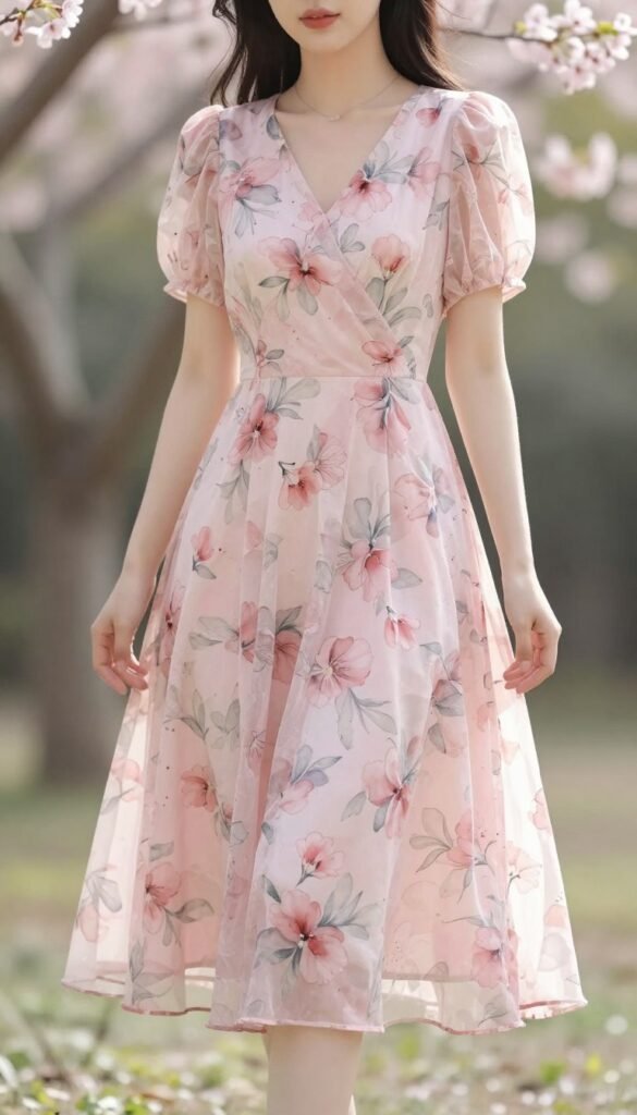 pink floral midi dress with romantic pattern