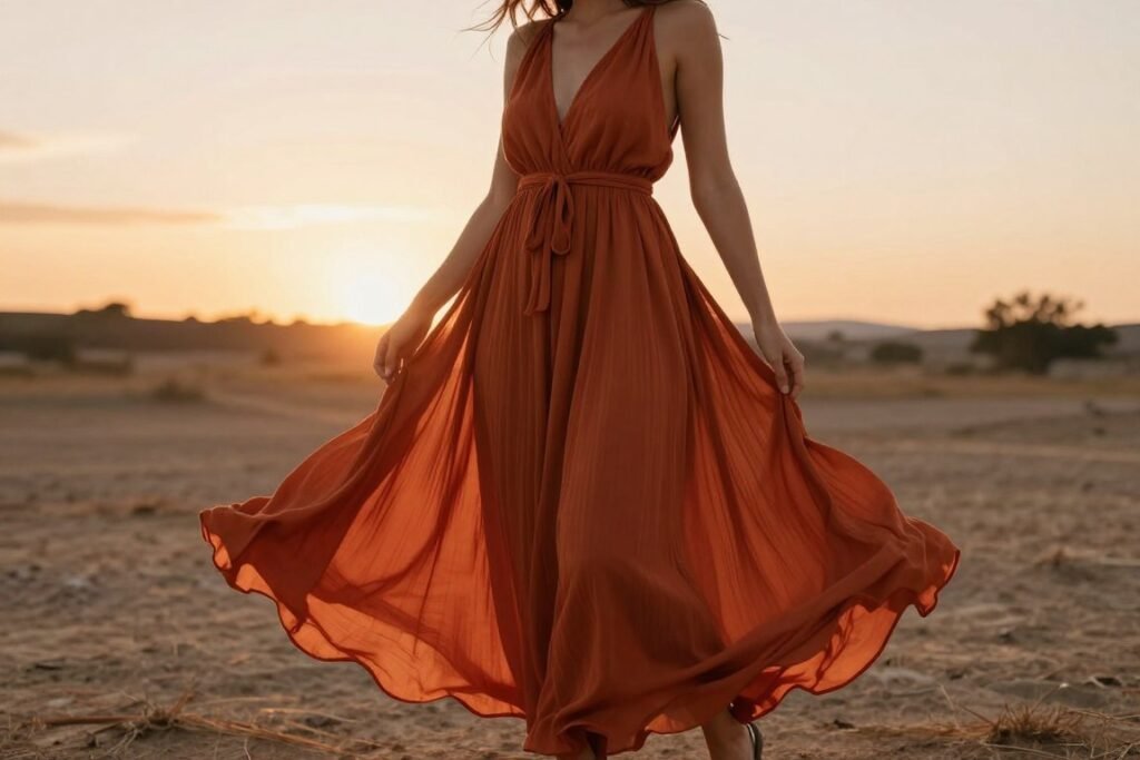 pleated wrap maxi dress in terracotta