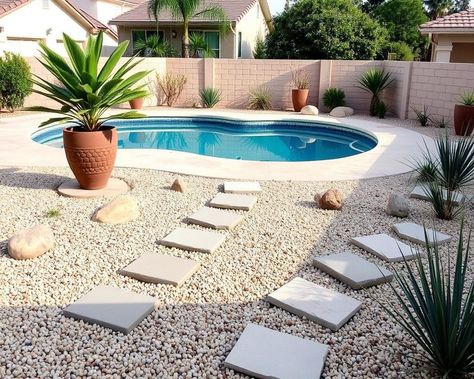 pool area with gravel landscaping and potted plants pool area with gravel landscaping and potted plants