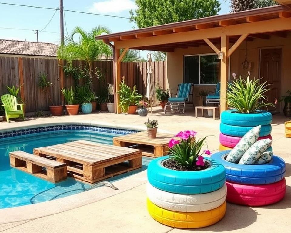 pool area with recycled materials and upcycled decor pool area with recycled materials and upcycled decor