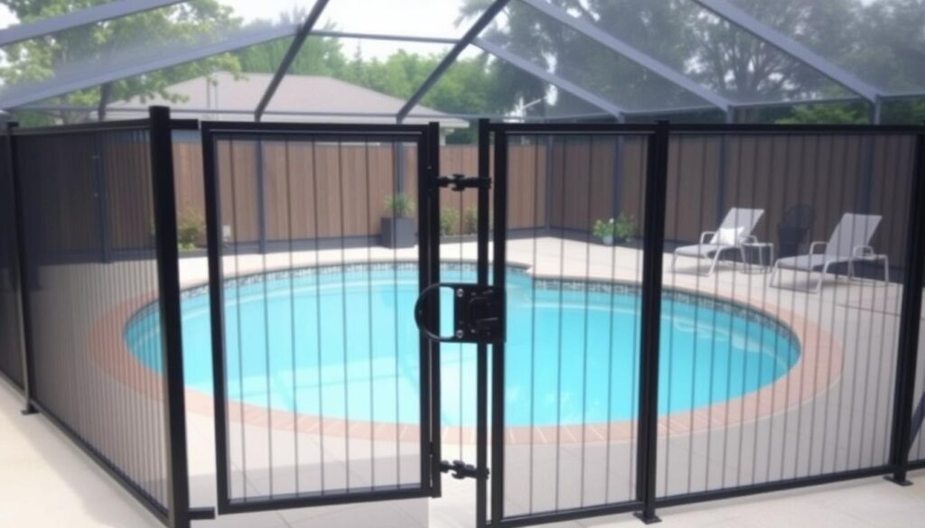 pool area with safety fence and self-closing gate pool area with safety fence and self-closing gate
