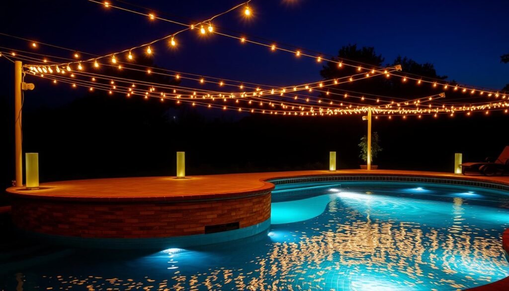 pool area with string lights and deck lighting at night pool area with string lights and deck lighting at night