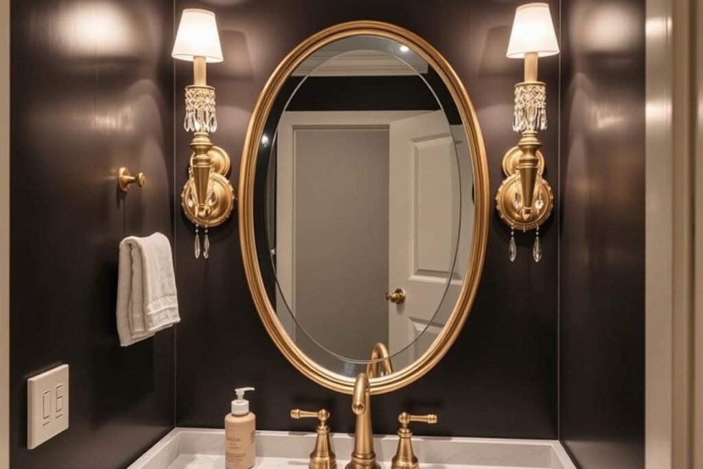 powder room with decorative brass sconces powder room with decorative brass sconces