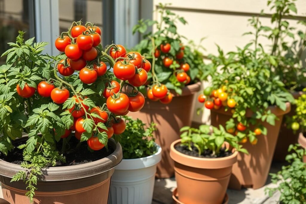 productive container vegetable garden on patio with tomatoes and herbs