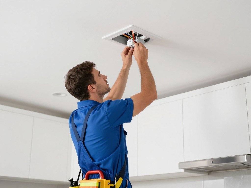 professional electrician installing kitchen lighting