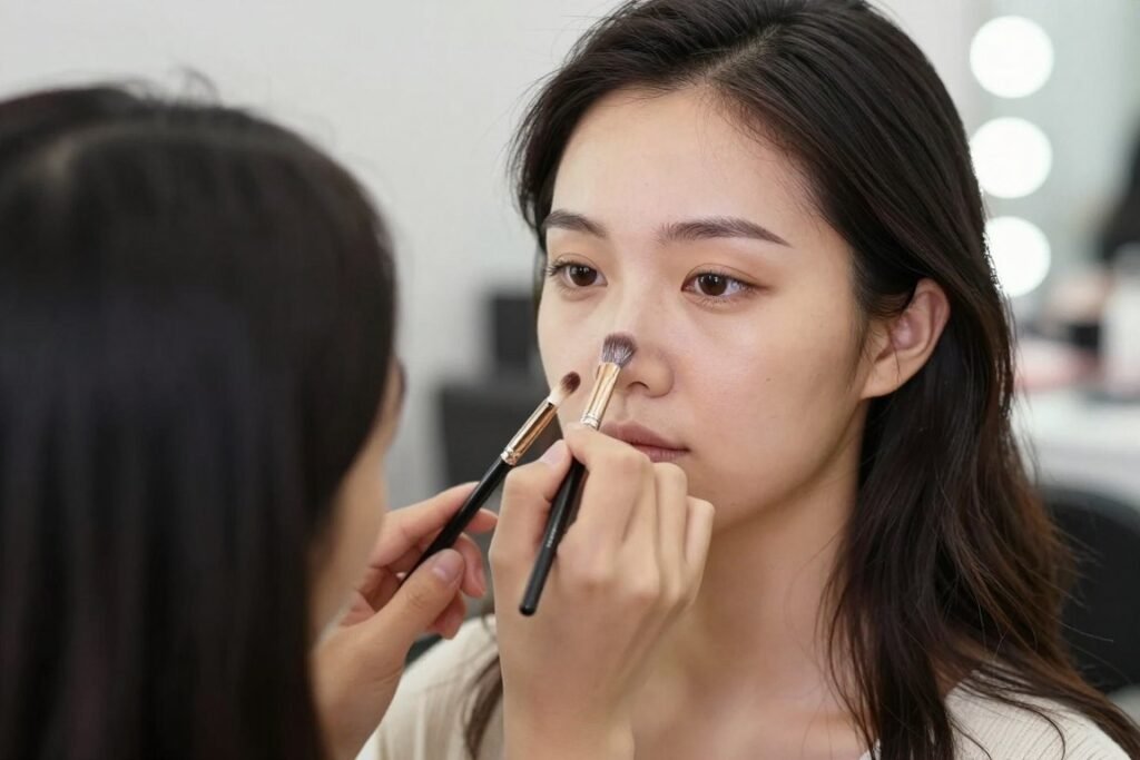 professional makeup artist applying wedding guest makeup on brown eyes