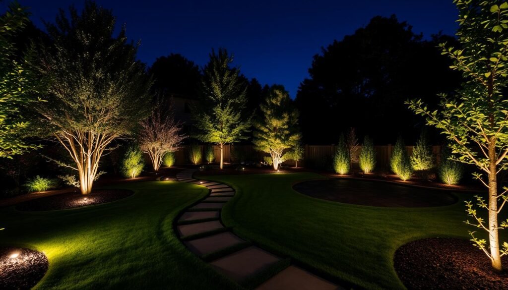 professionally designed backyard lighting showing layered approach