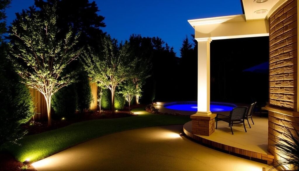 professionally designed backyard with layered lighting professionally designed backyard with layered lighting